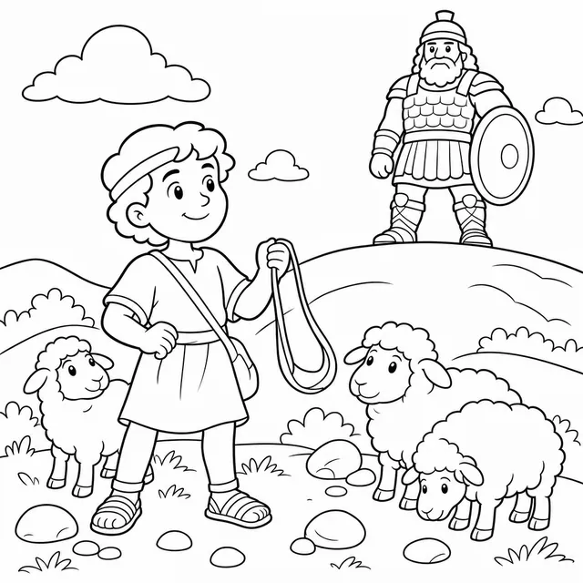 Desenho para colorir: o menino Davi com a funda e ovelhas, e o gigante Golias ao fundo numa colina.